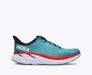 HOKA Clifton 8 Men's Running Shoes Turquoise / Red | 302415VBR