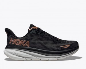 HOKA Clifton 9 Women's Running Shoes Black / Rose Gold | 210856BXJ