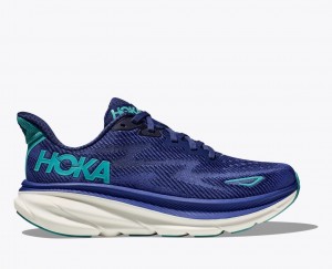 HOKA Clifton 9 Women's Running Shoes Navy / Turquoise | 417536QYW