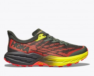 HOKA Speedgoat 5 Men's Trail Running Shoes Black / Red / Yellow | 931402RJV