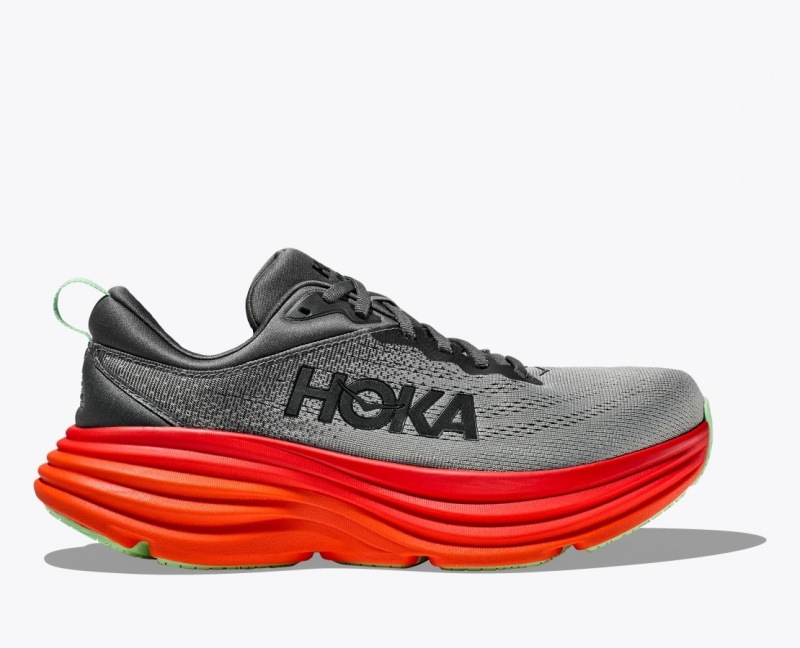 HOKA Bondi 8 Men\'s Running Shoes Dark Grey / Red | 075329TZH