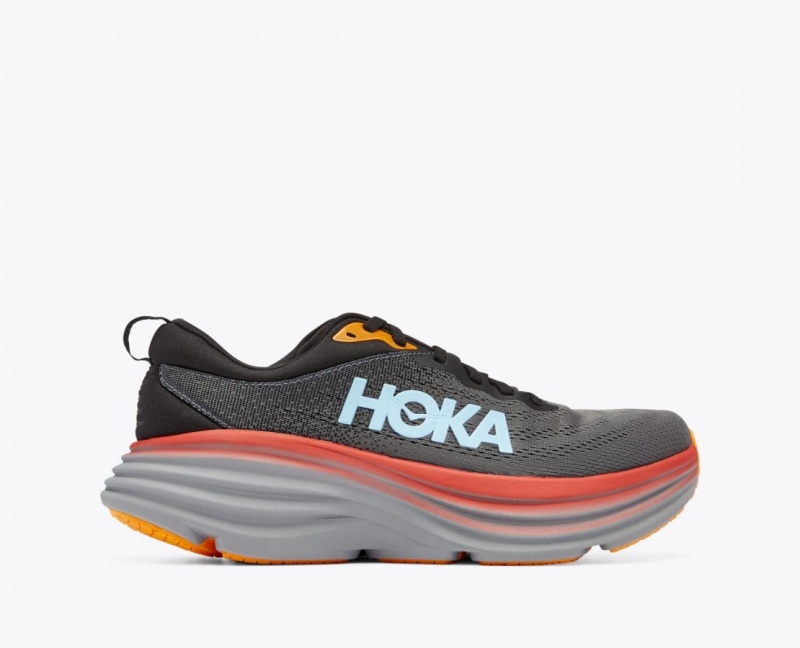 HOKA Bondi 8 Men\'s Running Shoes Dark Grey / Red / Black | 918647TUZ