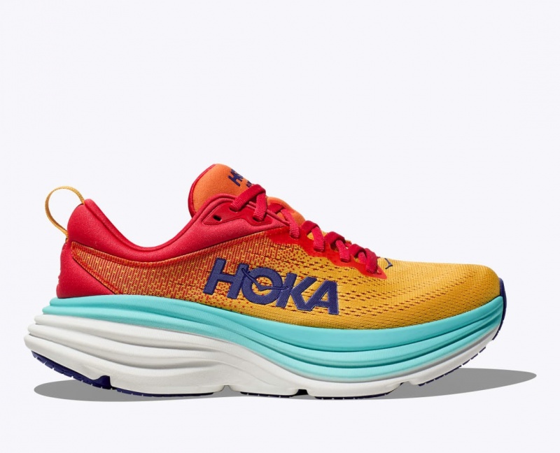 HOKA Bondi 8 Men\'s Running Shoes Orange / Red / Turquoise | 602957SWI