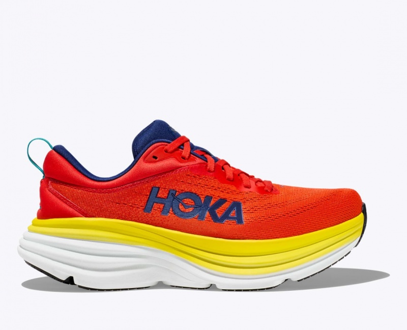 HOKA Bondi 8 Men\'s Running Shoes Red / Yellow | 765432EZI