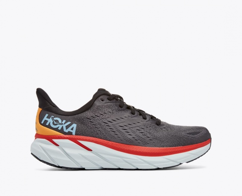 HOKA Clifton 8 Men\'s Running Shoes Dark Grey / Red | 706381TNS