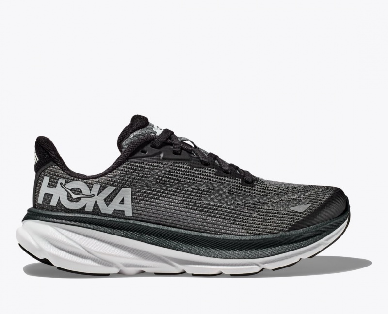 HOKA Clifton 9 Kids\' Running Shoes Black / White | 526189ECO