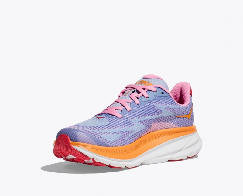 HOKA Clifton 9 Kids' Running Shoes Light Purple / Orange / Pink | 254681ULP