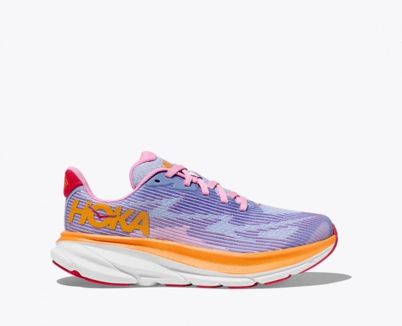 HOKA Clifton 9 Kids\' Running Shoes Light Purple / Orange / Pink | 254681ULP