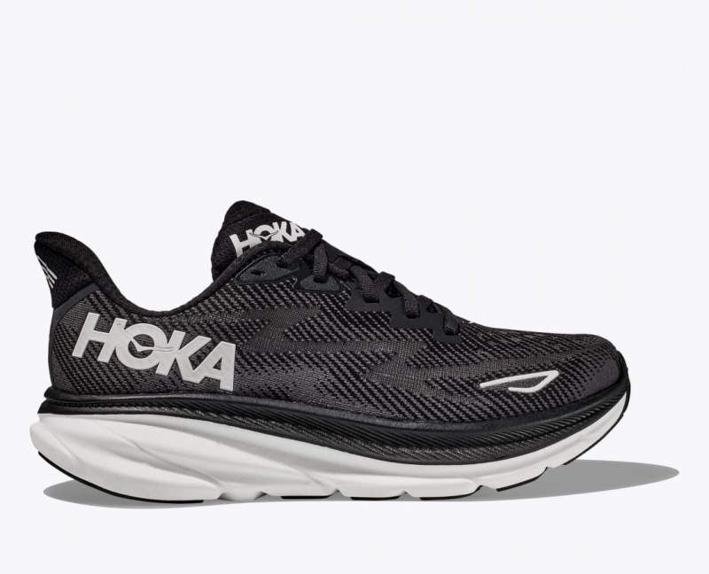 HOKA Clifton 9 Men\'s Running Shoes Black / White | 012954ASQ