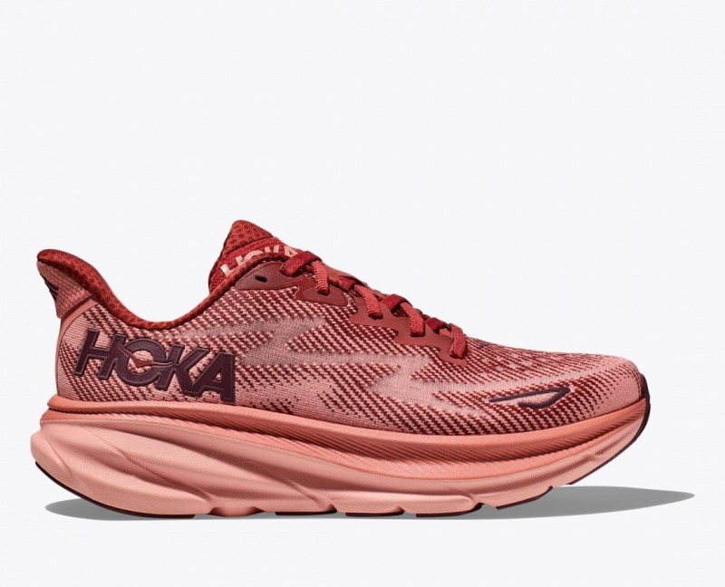 HOKA Clifton 9 Men\'s Running Shoes Dark Red / Coral | 921530JZE