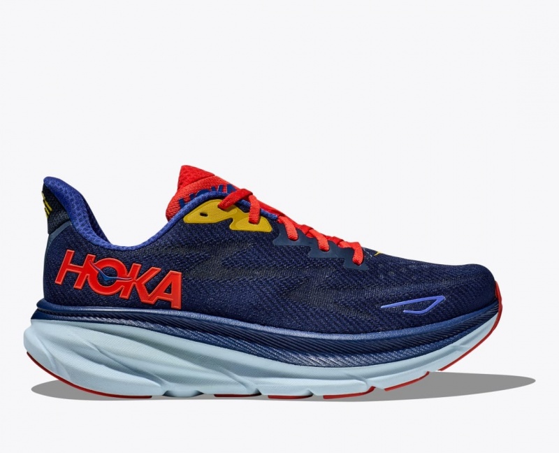 HOKA Clifton 9 Men\'s Running Shoes Navy / Dark Coral | 306852HFS