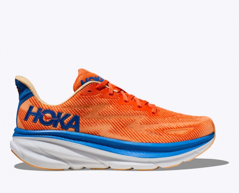 HOKA Clifton 9 Men\'s Running Shoes Orange / Blue | 624079GTN