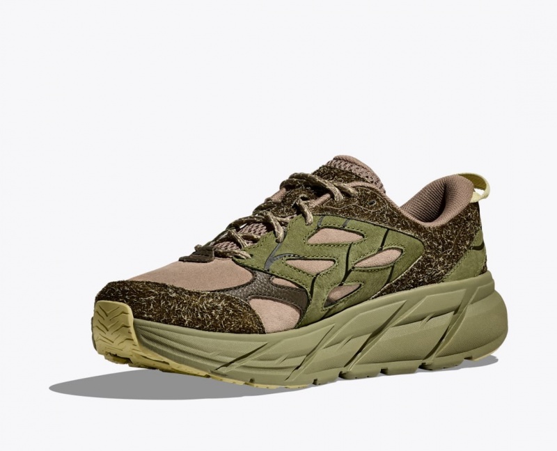 HOKA Elite Terrain System Clifton L Suede Women's Sneakers Green / Dark Brown | 397654BRV