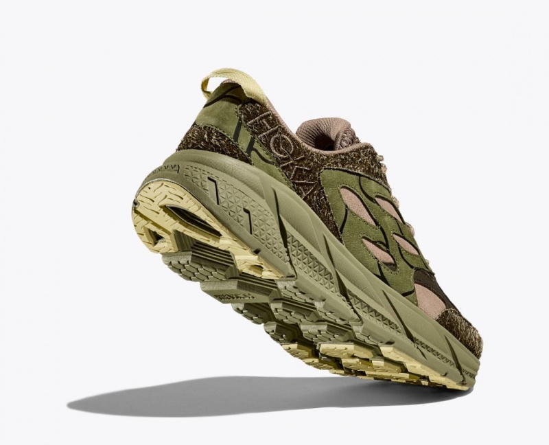 HOKA Elite Terrain System Clifton L Suede Women's Sneakers Green / Dark Brown | 397654BRV