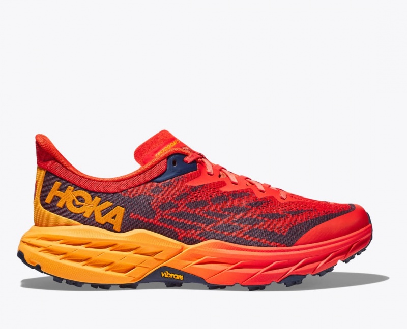 HOKA Speedgoat 5 Men\'s Trail Running Shoes Red / Dark Brown | 928730RNG